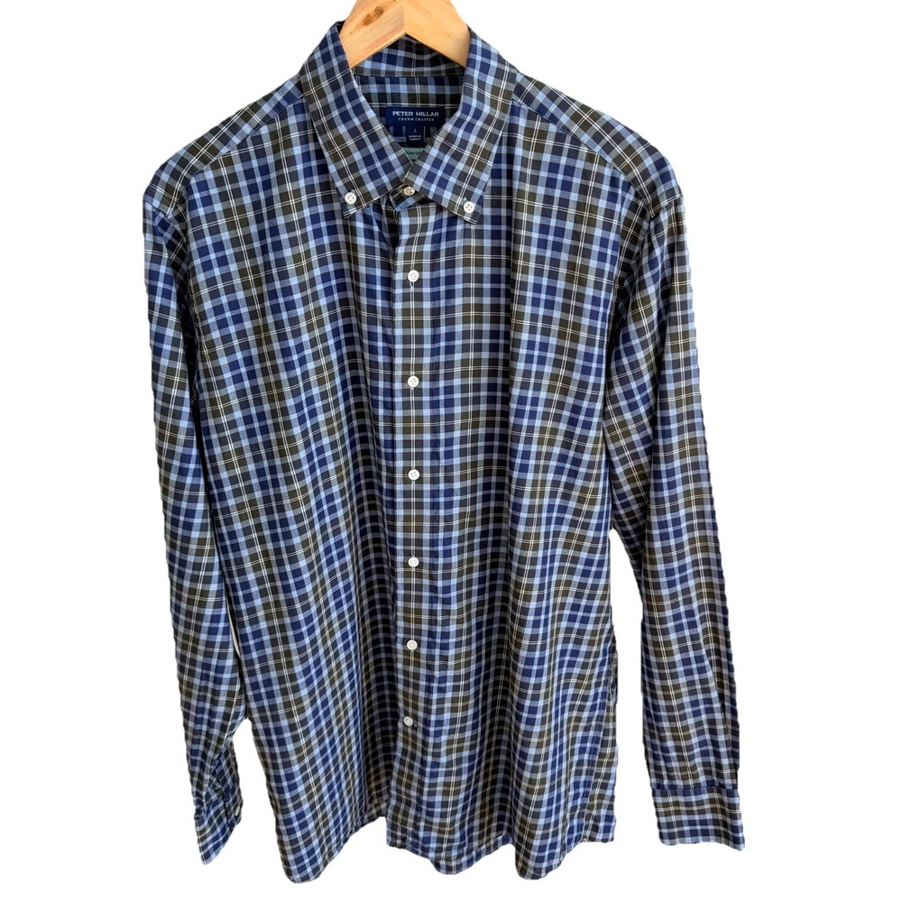 Peter Millar Crown Winter Soft Twill Button Down Shirt Blue Plaid Men's Large